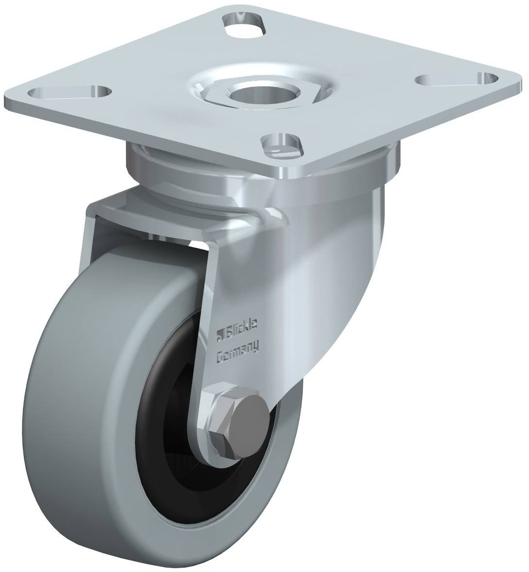 Roulette pivotante avec roue grise et plaque métallique de fixation, adaptée aux meubles ou aux applications industrielles.