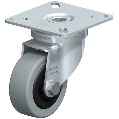 Roulette pivotante avec roue grise et plaque métallique de fixation, adaptée aux meubles ou aux applications industrielles.