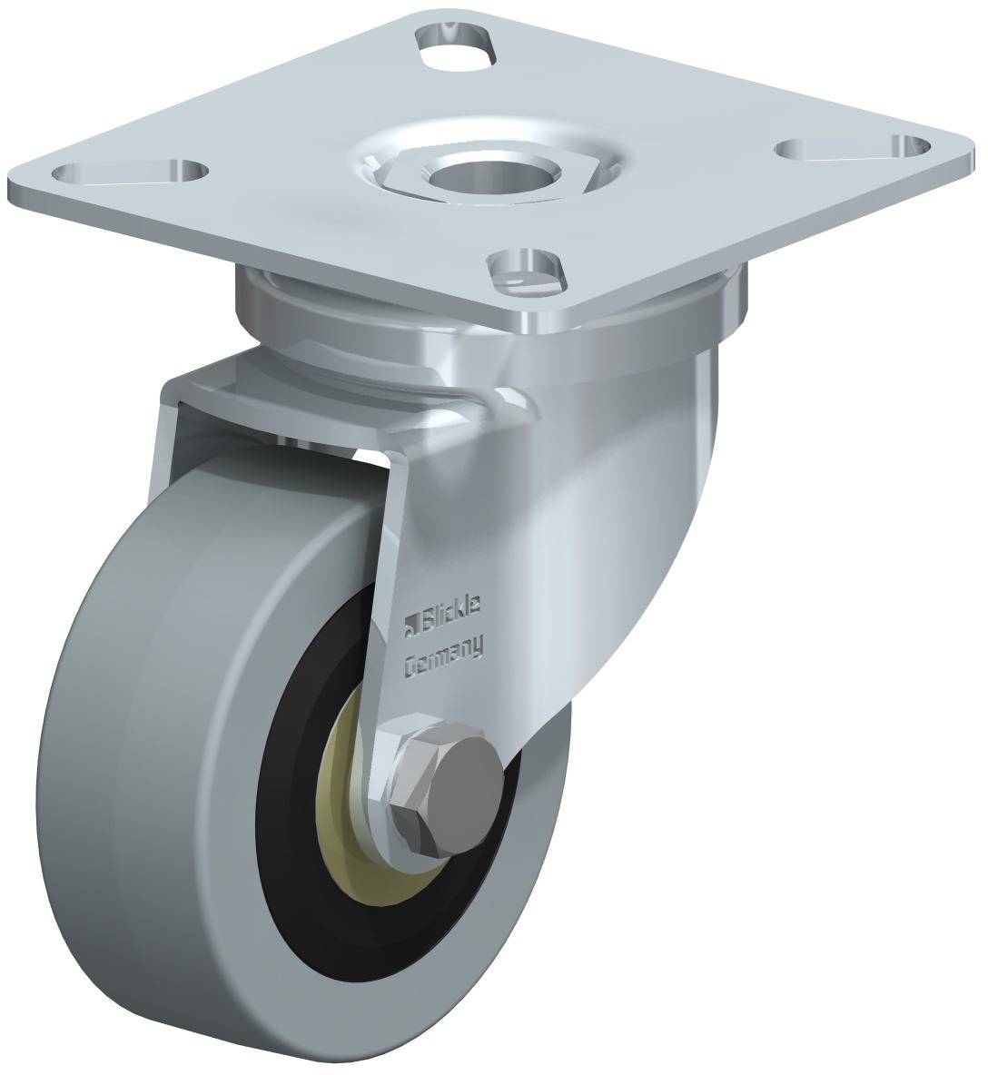 Une roue pivotante avec boîtier métallique et plaque de fixation. Adaptée aux meubles ou aux appareils nécessitant des capacités de roulement.