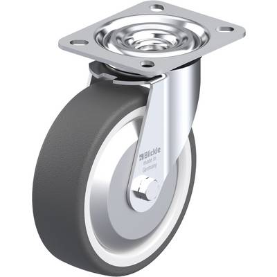 Roulette avec support métallique argenté et roue grise, adaptée aux meubles et appareils. Fabriquée en Allemagne.