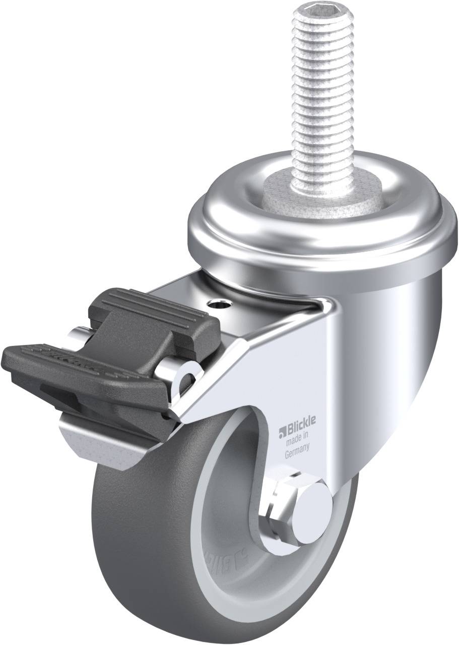 Roulette pivotante avec mécanisme de freinage et filetage métallique. Adaptée pour la fixation sur des meubles ou des appareils afin d'assurer mobilité et stabilité.