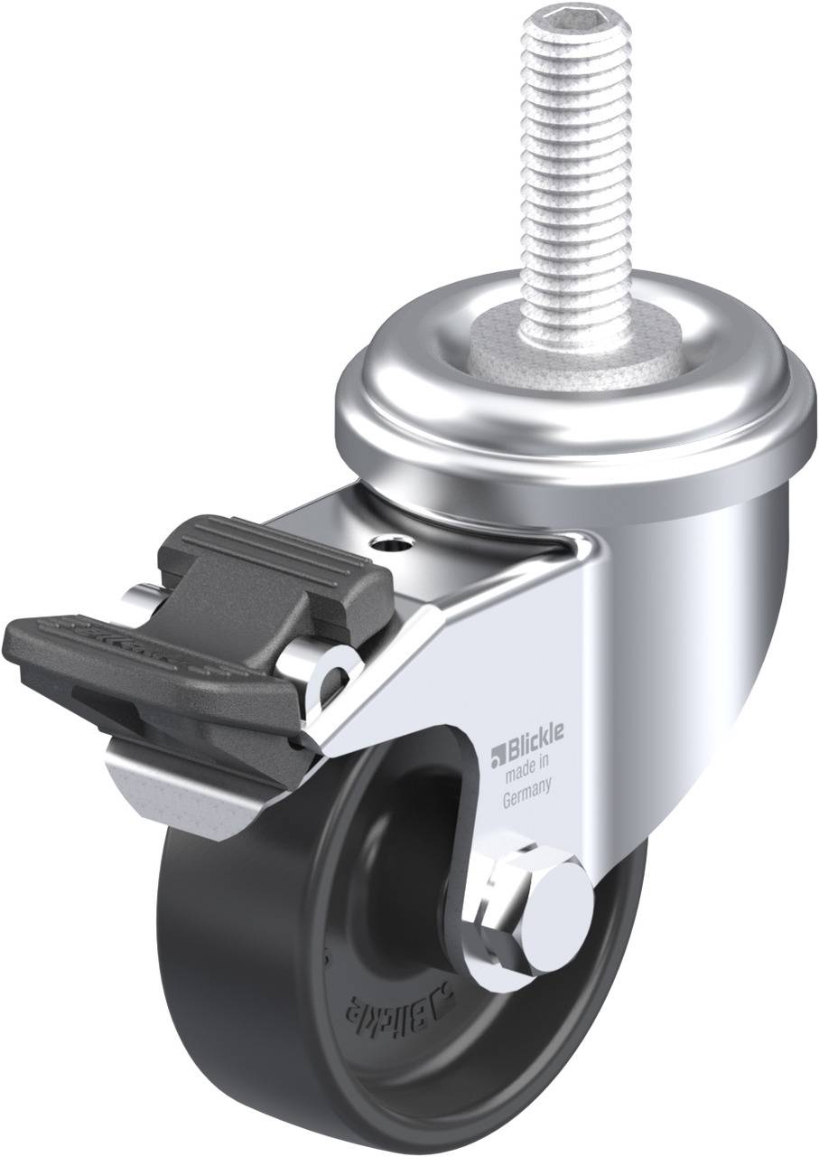 Roulette pivotante en acier inoxydable avec roue noire et frein de Blickle. Adaptée aux applications industrielles.