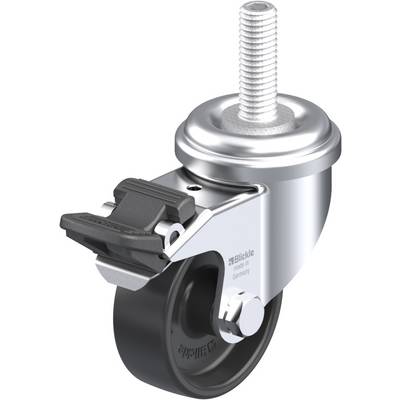 Roulette pivotante en acier inoxydable avec roue noire et frein de Blickle. Adaptée aux applications industrielles.
