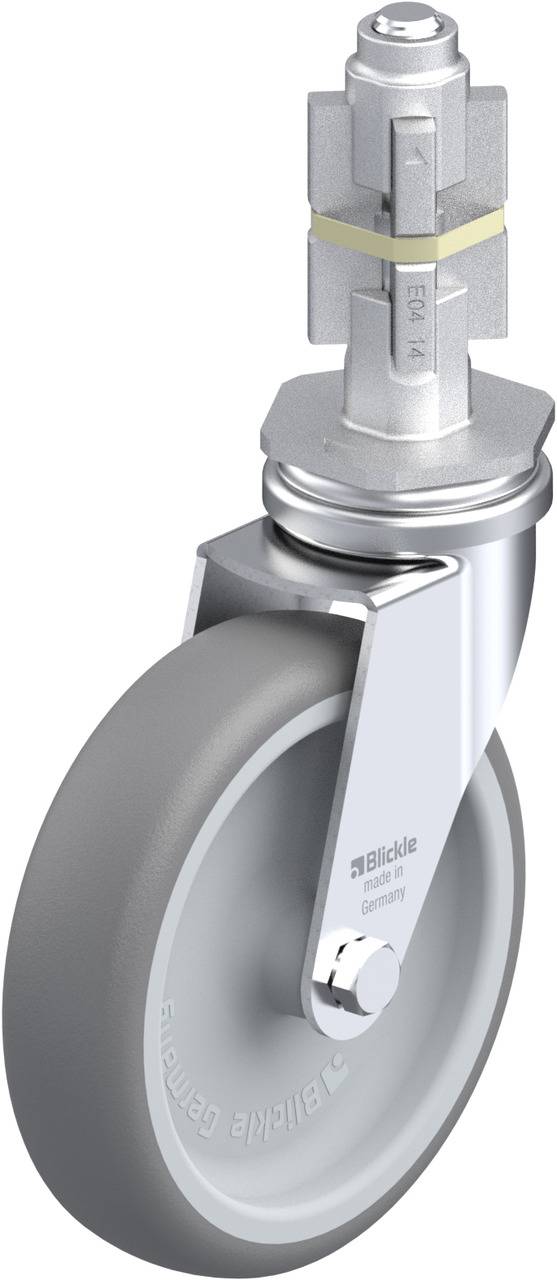 Roulette pivotante et de support en gris, avec boîtier métallique, adaptée aux chariots de transport et aux meubles. Capacité de charge maximale de 150 kg.