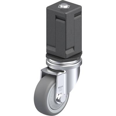 Vue sur une roue grise avec un boîtier en plastique noir et un support chromé, souvent utilisée pour des meubles ou des appareils.