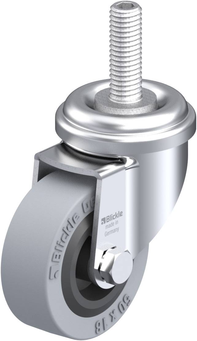 Roue pivotante avec pneu gris, boîtier métallique et tige filetée, adaptée aux applications légères à moyennes en intérieur.