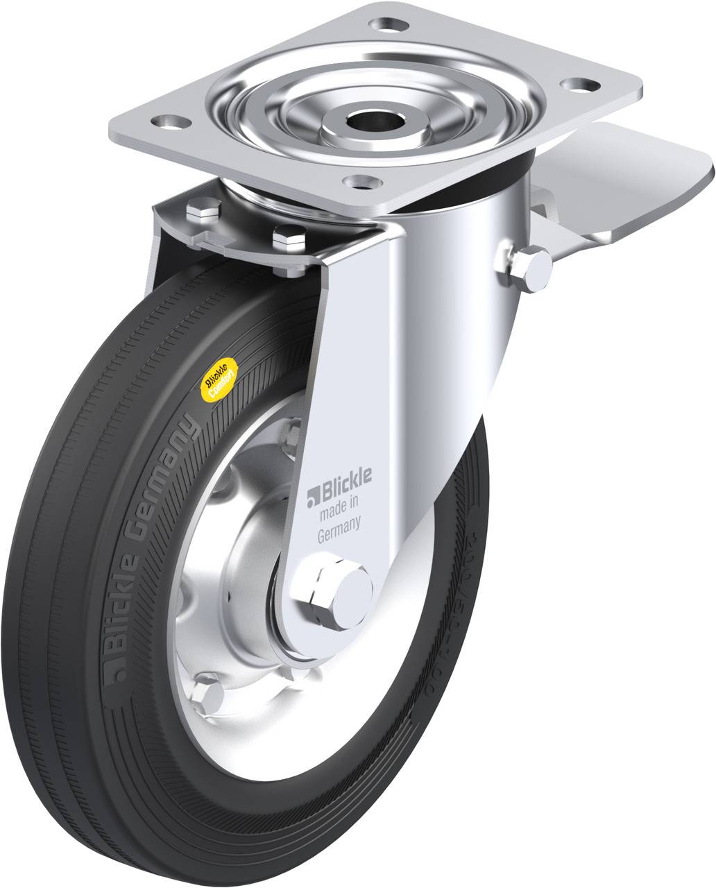 Roue pivotante avec pneu en caoutchouc noir et socle en métal argenté, adaptée aux applications industrielles. Fabriquée en Allemagne.