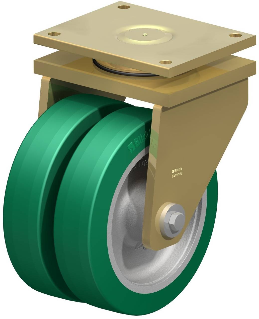 Roulette double avec roue verte et système de fixation doré, adaptée pour l'installation sur des meubles ou des machines afin d'améliorer leur mobilité.