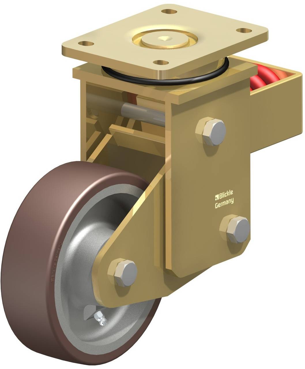 Une roue pivotante industrielle avec un bandage en caoutchouc marron monté sur une platine de fixation dorée, adaptée aux charges lourdes.