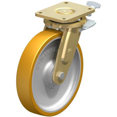 Une roue de roulement industrielle pivotante robuste en métal avec un revêtement en caoutchouc jaune, adaptée aux charges lourdes et aux machines.