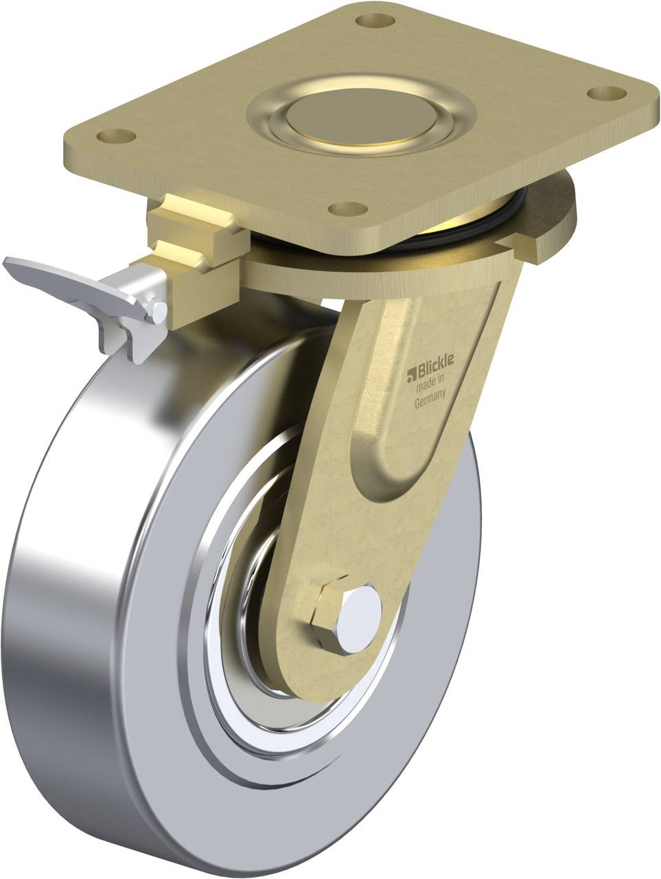 Roulette pivotante avec boîtier métallique, fixée sur une plaque. Elle présente une surface ronde et brillante et sert de roue mobile pour des appareils.