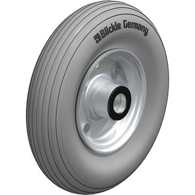 Roue grise pour appareil de transport avec jante argentée et inscription 'Blickle Germany'. Adaptée aux appareils de transport, offrant absorption des chocs et flexibilité.