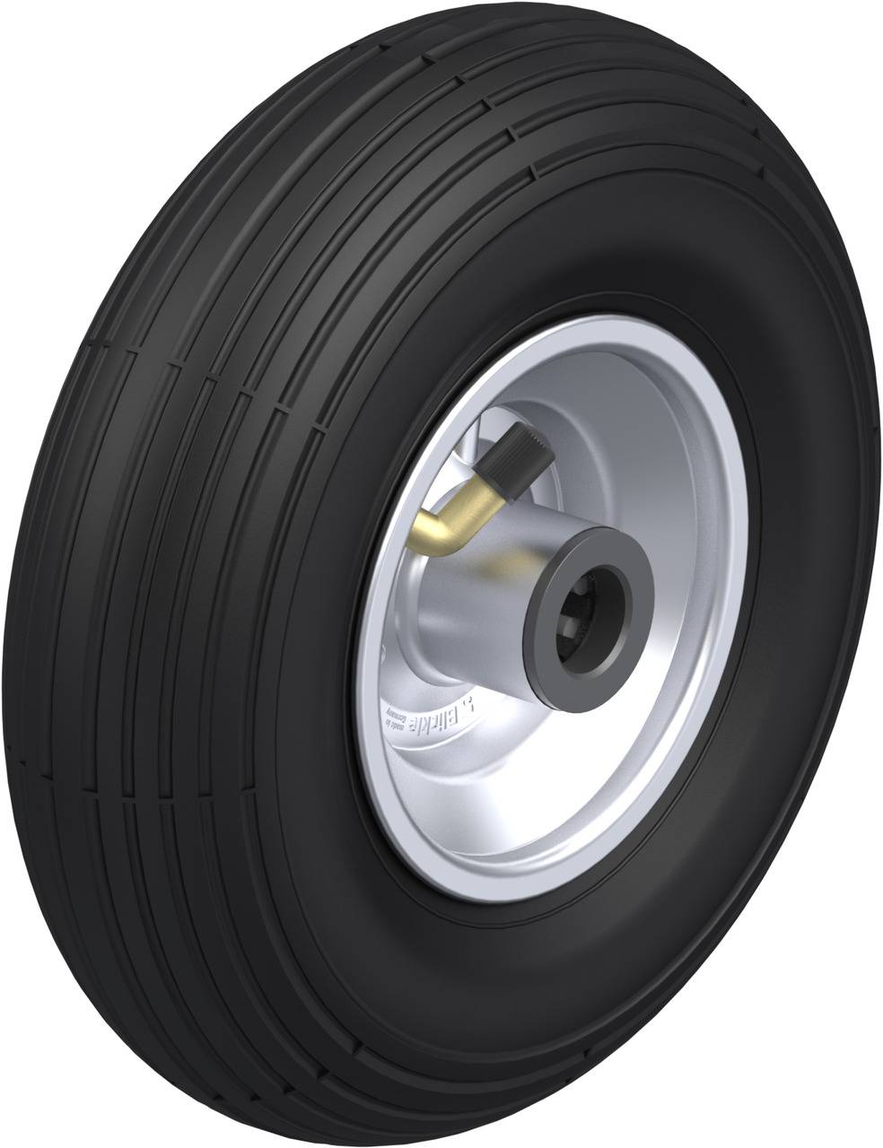 Une roue d'avion avec un pneu noir et une jante argentée.