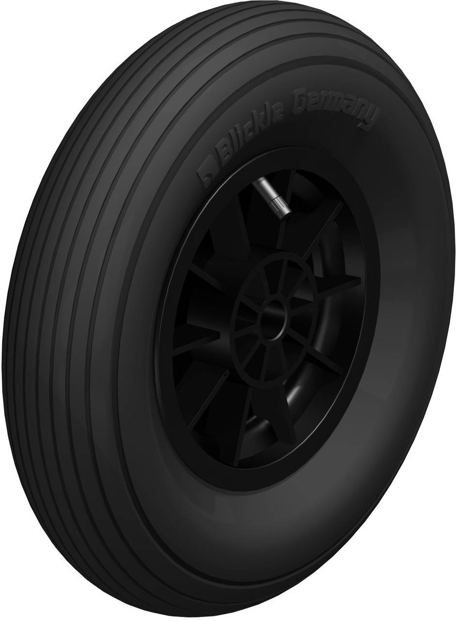 Un pneu noir avec des rainures élancées sur la bande de roulement et une valve sur le côté.