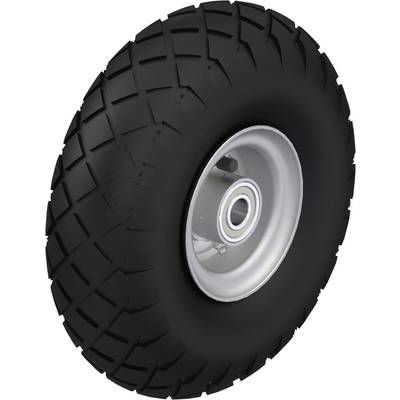 Pneu noir avec un profil robuste et une jante argentée, adapté aux véhicules tout-terrain ou aux applications industrielles.