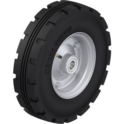 Pneu noir en caoutchouc avec un profil profond et une jante en métal argenté. Adapté aux véhicules lourds ou aux machines agricoles.