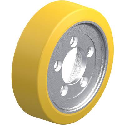 Une roue jaune avec un anneau intérieur argenté et cinq trous.