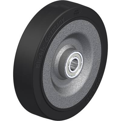 Roue de support industrielle en caoutchouc noir avec armature métallique stable et roulement à billes, adaptée aux charges lourdes. Dimension 200 x 50 mm.