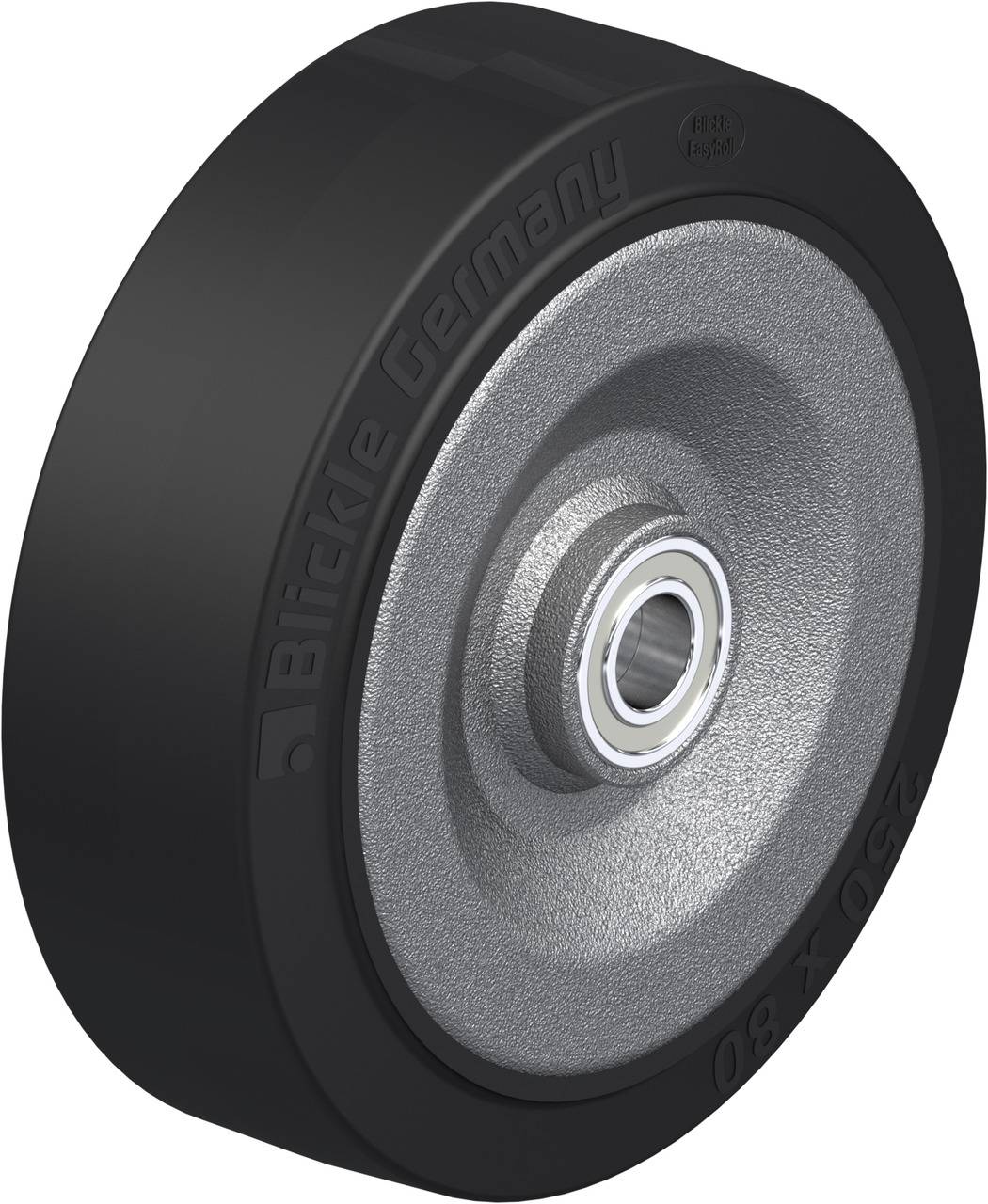 Roue industrielle avec pneu noir en caoutchouc et jante en métal gris, adaptée pour une utilisation dans des environnements difficiles.