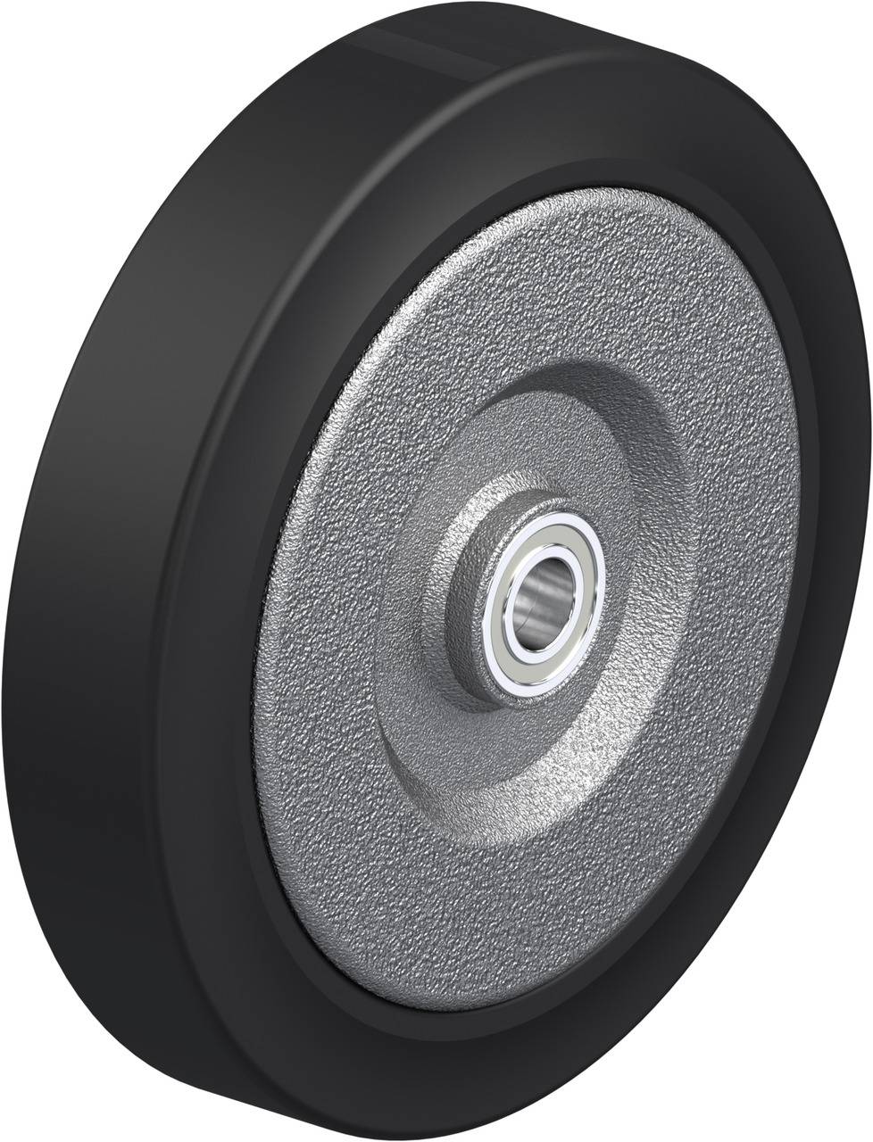 Roue noire avec noyau métallique et roulement à billes, adaptée aux applications industrielles ou aux chariots.