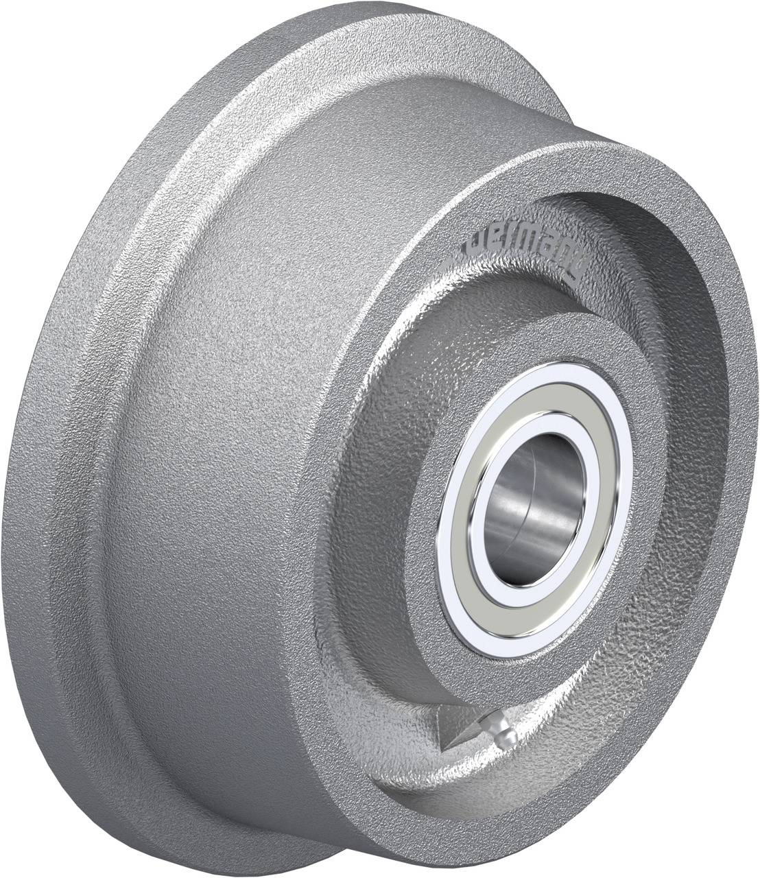 Roue métallique avec roulement à billes, vue latérale. Adaptée aux charges lourdes et aux machines industrielles. Robuste et brillante en argent.