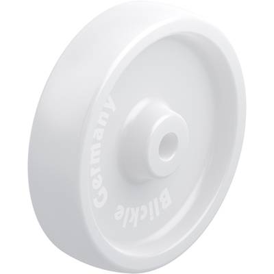 Une roue en plastique blanc portant l'inscription 'Blickle Germany', dotée d'un centre cylindrique et prévue pour la fixation.