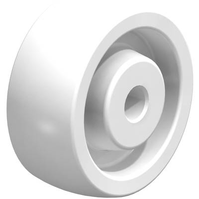 Une roue blanche en plastique, vraisemblablement issue d'un jouet ou d'un modèle réduit, à la surface lisse et présentant un alésage central.