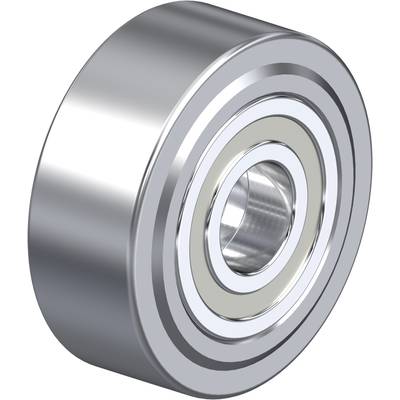 Roulement à billes argenté avec plusieurs anneaux concentriques, vu sous un angle, sur un fond neutre.