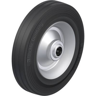 Une roue noire avec une jante argentée. Convient pour une utilisation sur des chariots de transport ou des appareils. Inscription portant le nom 'Blickle Germany'.
