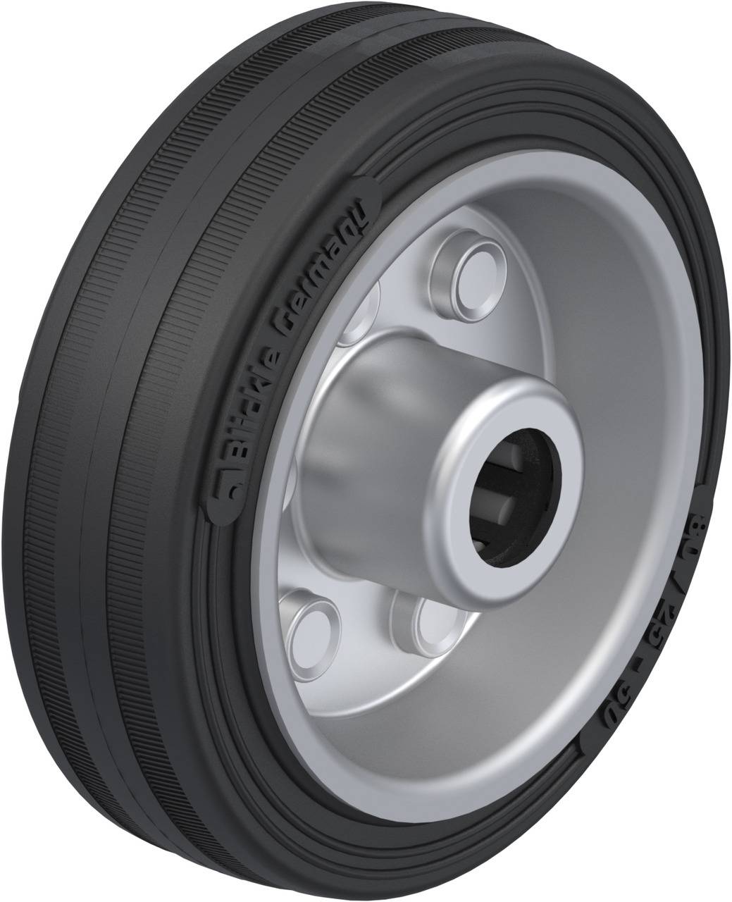 Roue noir et gris avec moyeu et profil rainuré. Adaptée aux applications industrielles ou à la construction de véhicules.