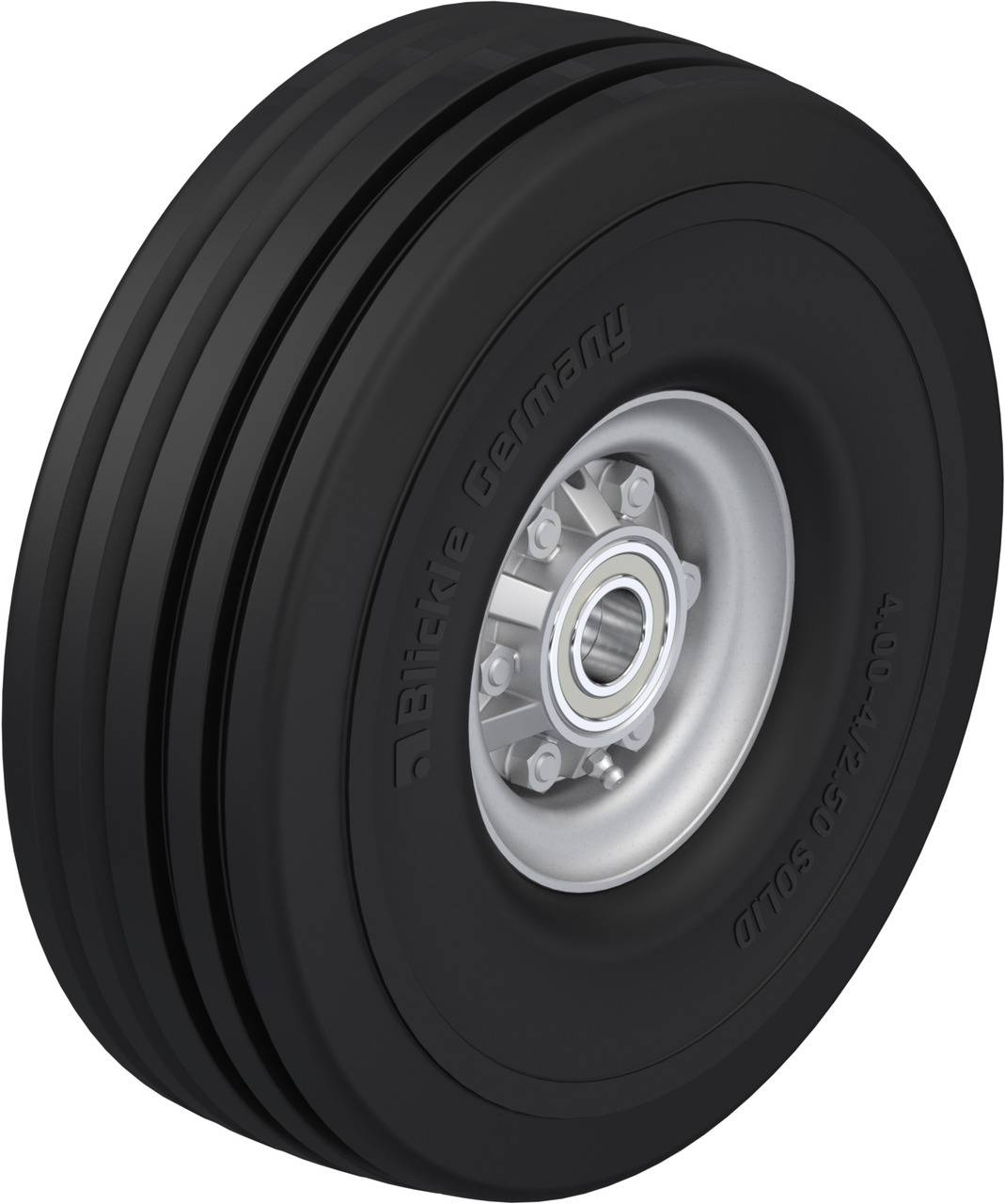 Roue noire avec moyeu en métal, marquée sur le côté 'Blickle Germany 400x150 SOLID'.