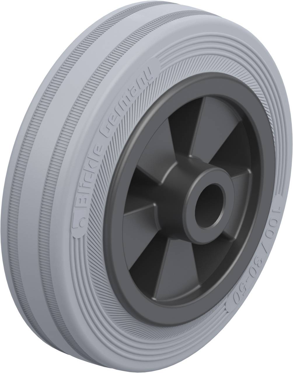 Roue avec pneumatique gris et jante noire, adaptée aux applications industrielles.