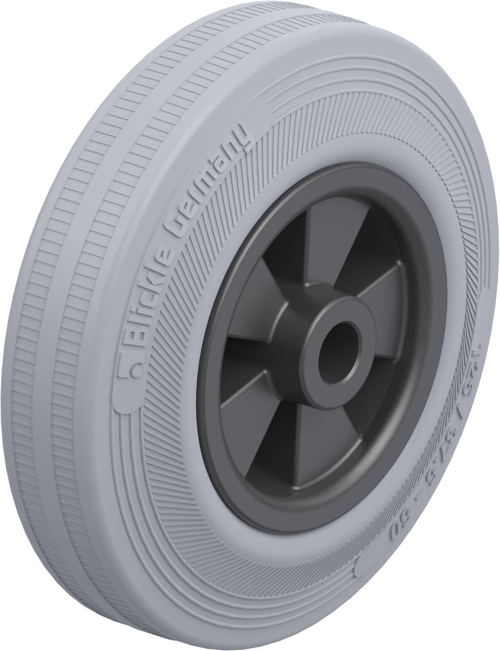 Roue en plastique grise à surface striée et trou concentrique. Adaptée aux appareils de transport légers et aux meubles.
