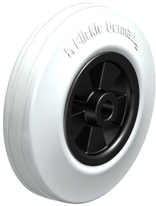 Roue blanche et noire avec logo d'entreprise plastifié sur le côté, adaptée aux chariots de transport ou aux meubles.
