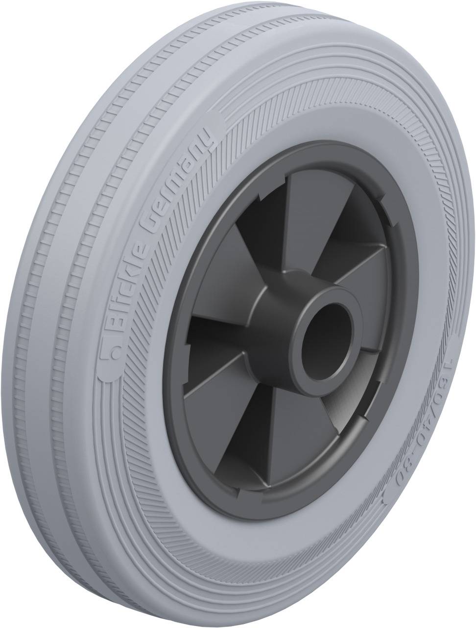 Roue industrielle en plastique avec pneu gris, adaptée aux charges lourdes. Moyeu à 3 branches portant la mention 'Blickle Germany'.