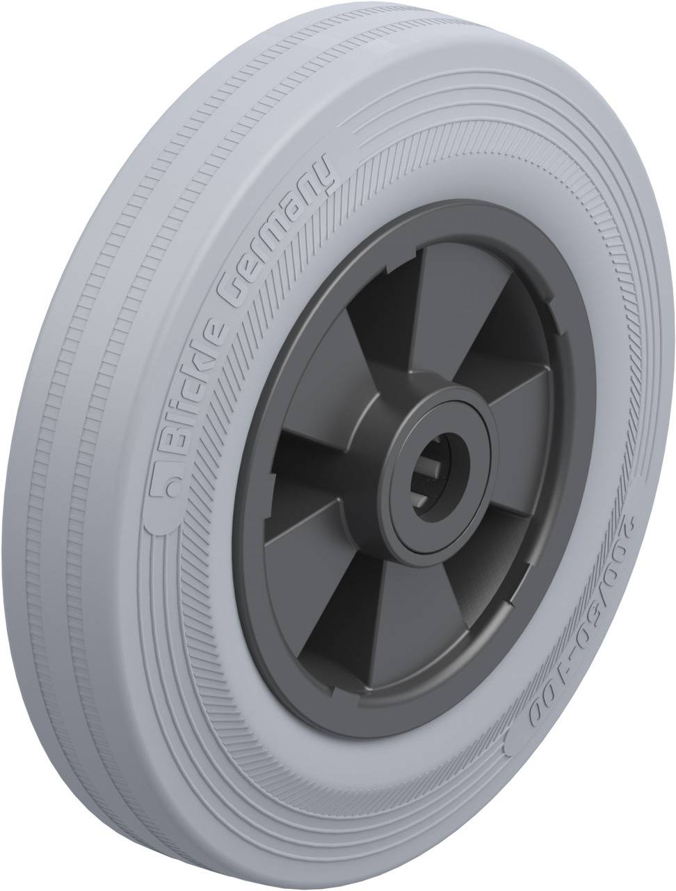 Une roue en caoutchouc grise avec un anneau intérieur en plastique noir, adaptée aux applications légères à moyennes, présente une construction robuste.
