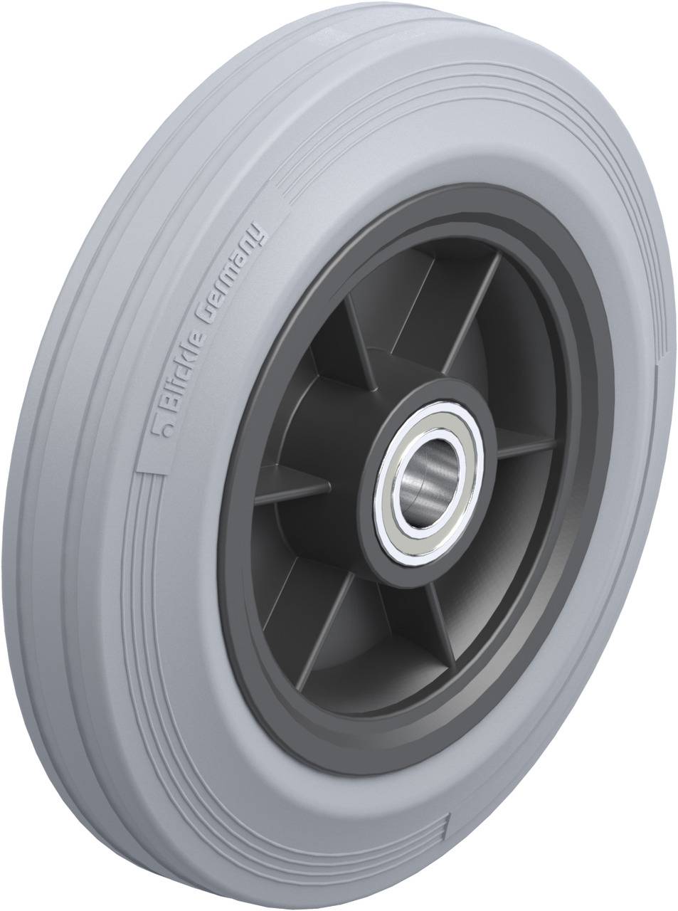 Roue grise, ronde, avec un pneu en plastique plein et un roulement à billes central. Adaptée aux chariots de transport légers et aux applications industrielles.