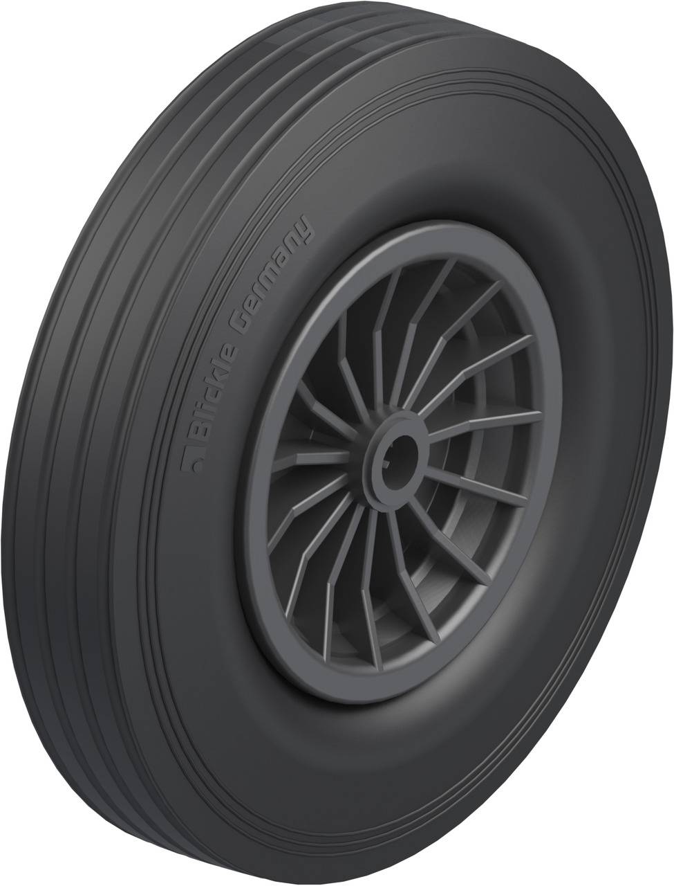 Roue noire aux rayons fins portant l'inscription 'Bräcke Germany' sur le côté. Convient pour des applications industrielles.