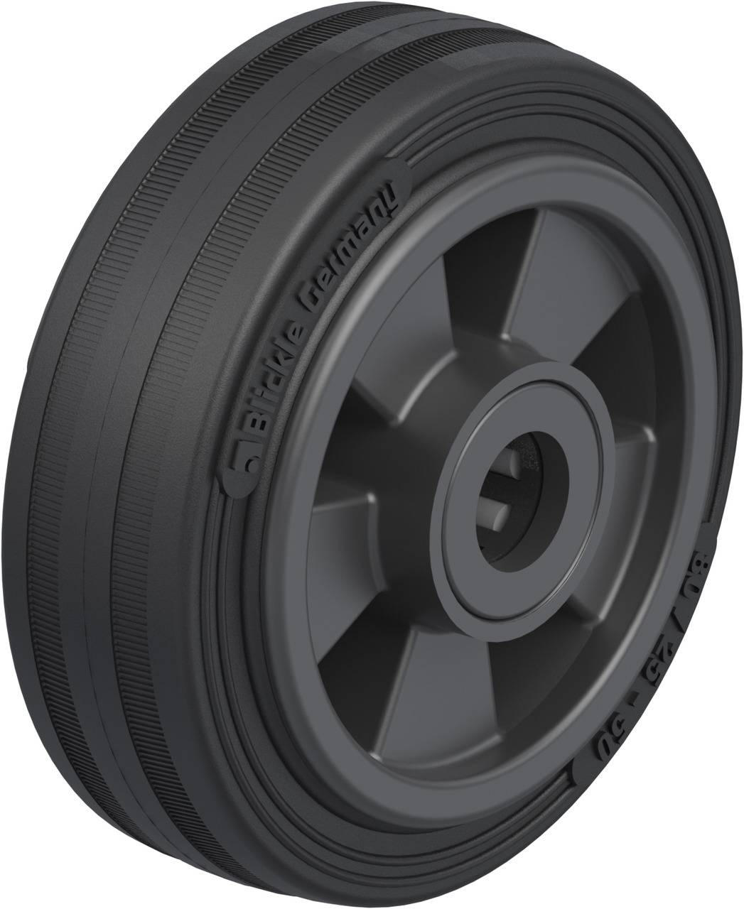 Une roue industrielle noire à surface striée avec le nom de marque 'Blickle' gravé. Adaptée aux exigences de charges lourdes.
