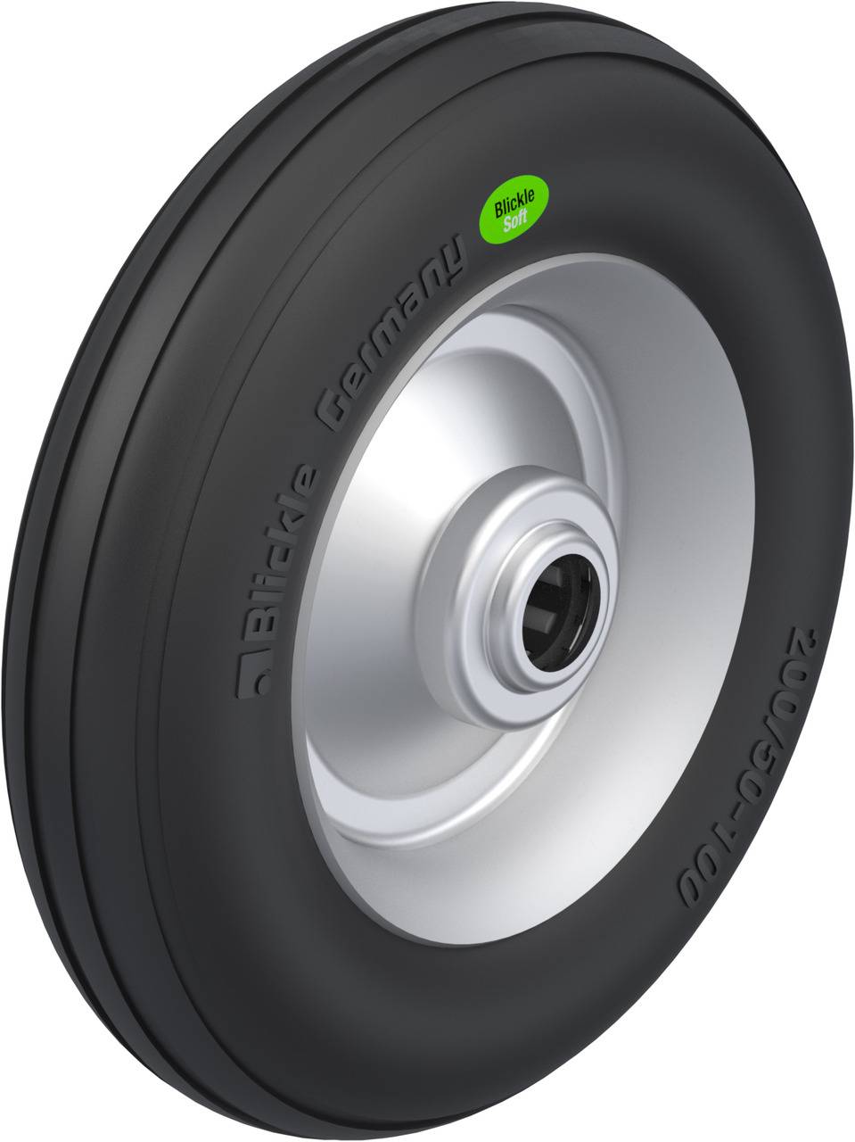 Une roue noire avec une jante métallique et un marquage vert 'Blickle Soft'. Texte sur le pneu : 'Blickle Germany 200x50-60'.