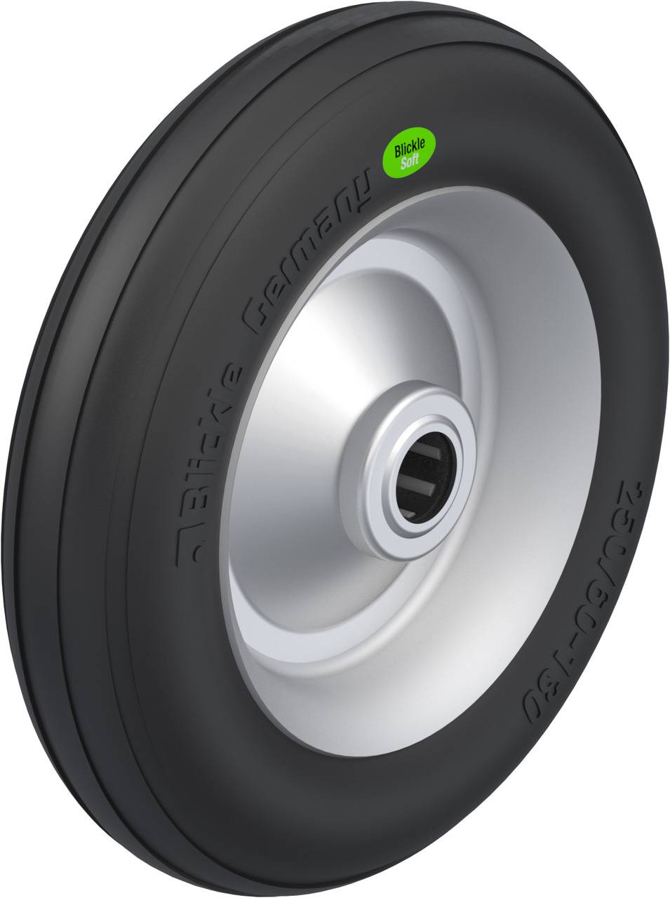 Roue noire pour brouettes avec jante argentée. Inscription 'Blitzkle Germany' et 'Blitzkle Soft' dans un ovale vert sur le côté.