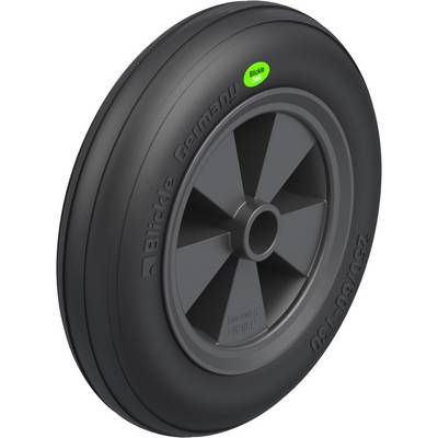 Roue noire avec des rayons gris. Sur le pneu est inscrit 'Blickle Germany', à côté un autocollant vert avec 'Blickle Star'.