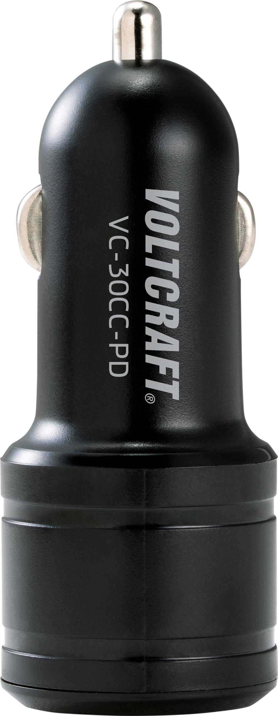 Chargeur de voiture Voltcraft VC-30CC-PD noir, cylindrique, avec deux contacts métalliques sur le dessus. Adapté pour charger des appareils dans un véhicule.
