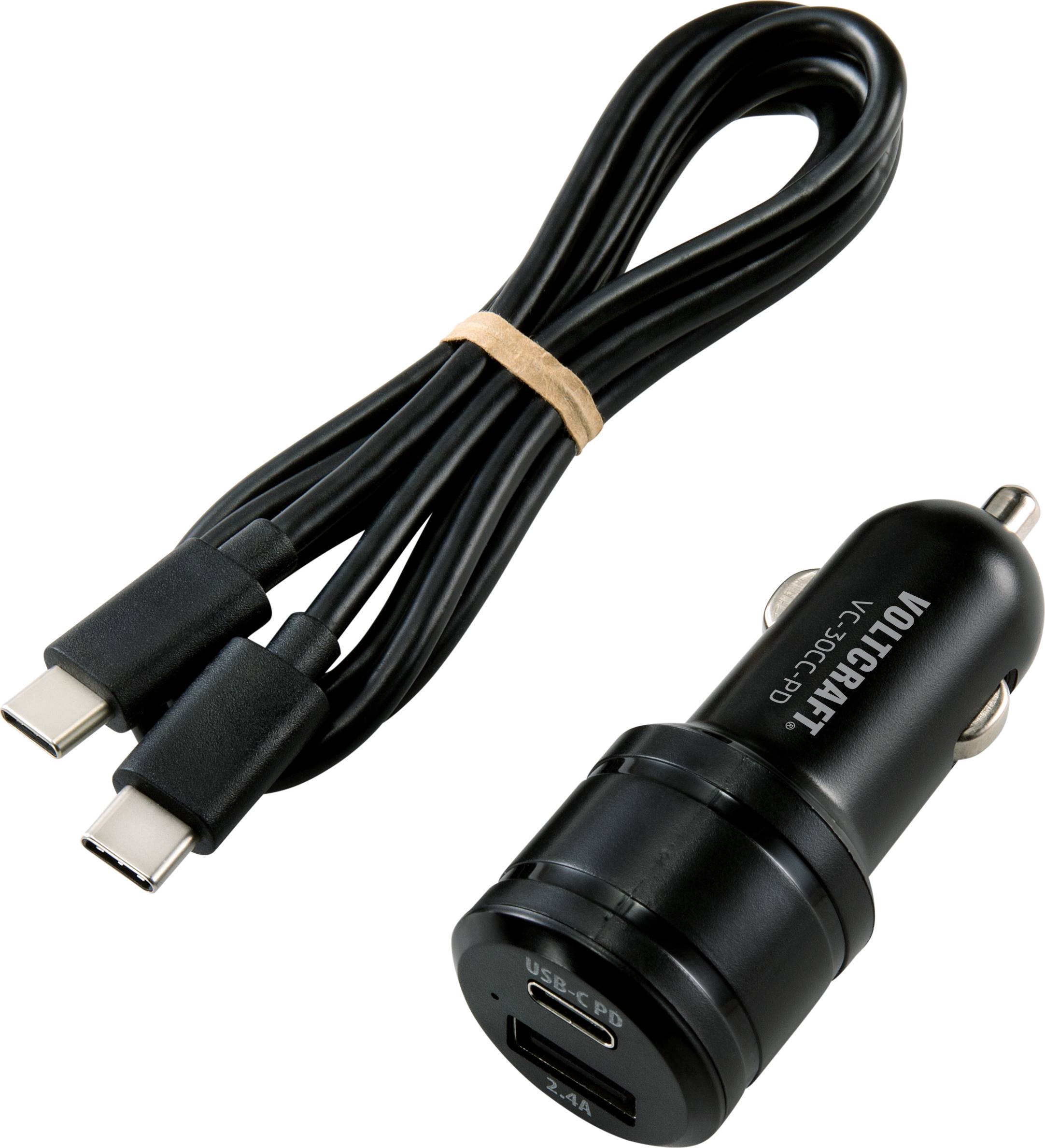 Chargeur de voiture noir USB-C avec port USB et câble USB-C fourni pour une fonction de charge rapide. Idéal pour les déplacements.