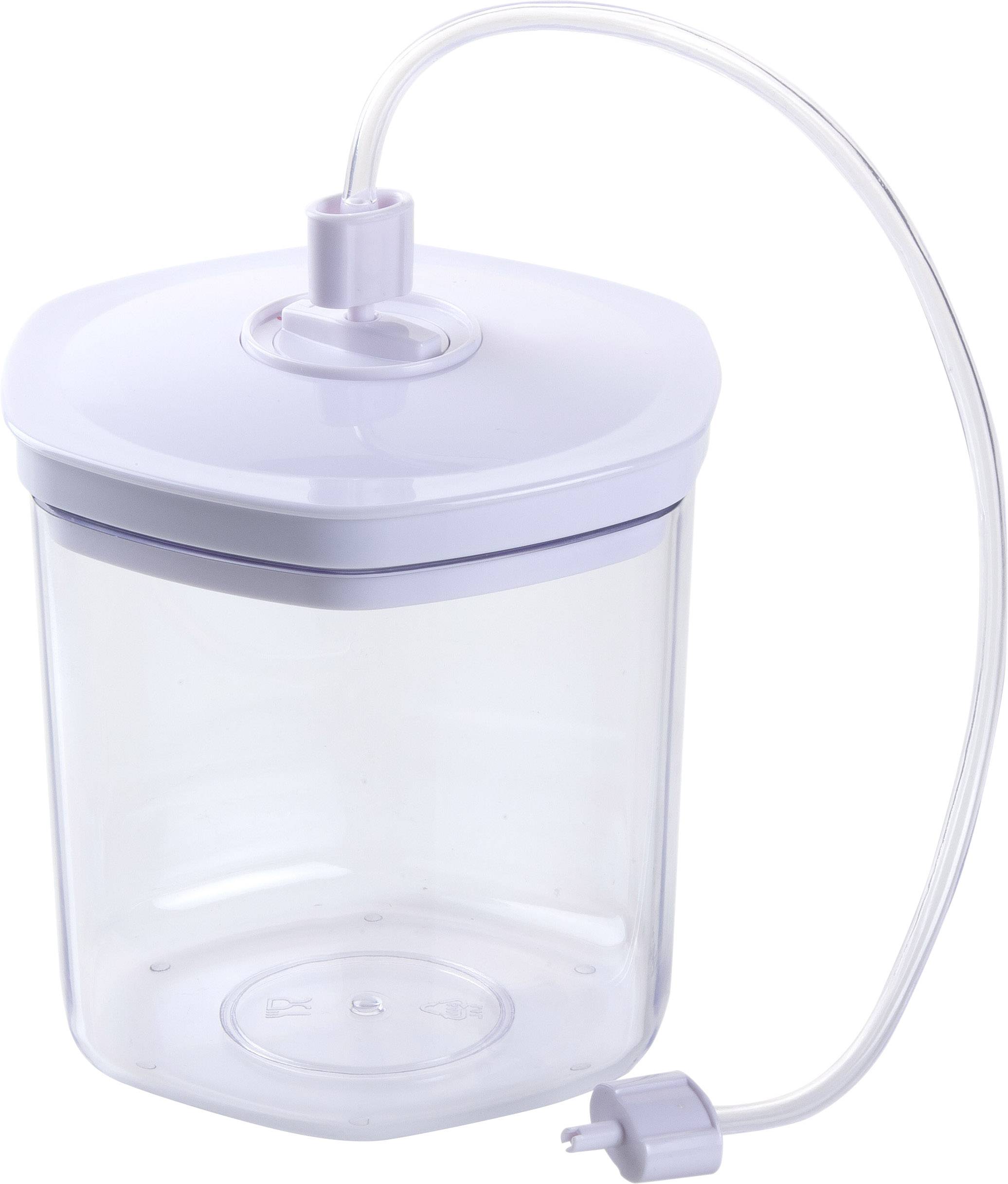 Un récipient transparent en plastique avec couvercle, équipé d'un raccord de tuyau, probablement destiné à des liquides médicaux.