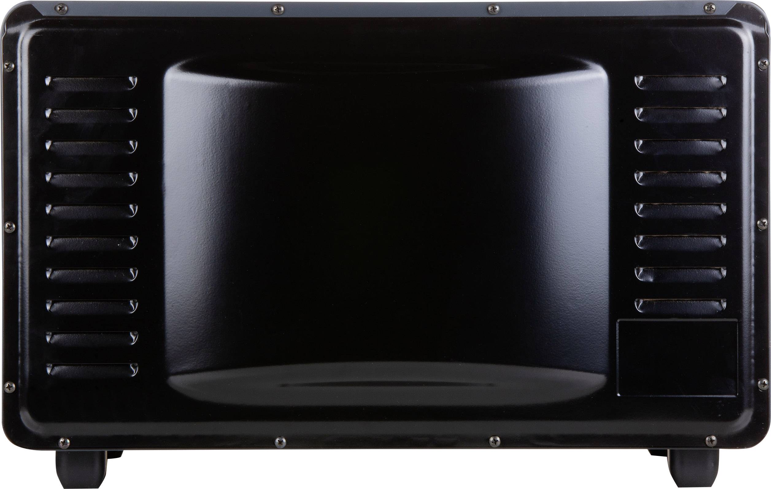 Four à micro-ondes noir vu de face, sans éléments de commande ni affichage visibles. Il présente une surface lisse avec des fentes de ventilation sur les côtés.