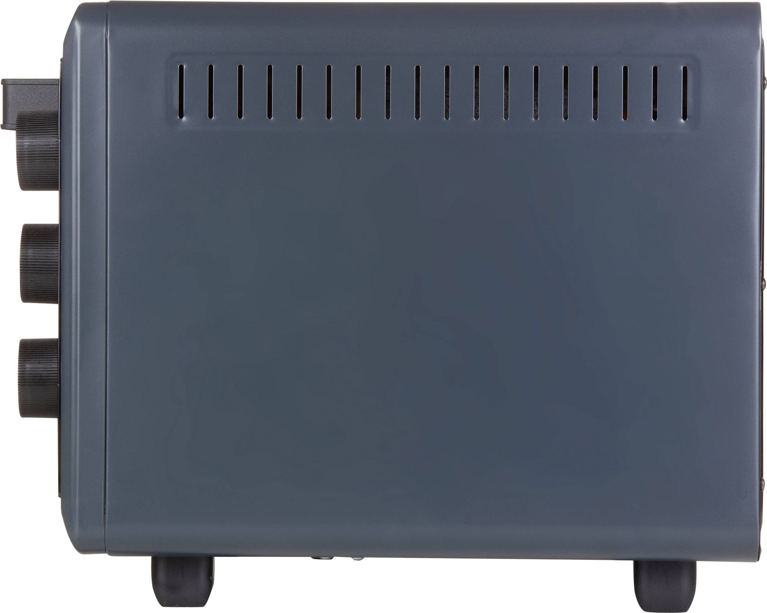 Grille-pain rétro gris foncé avec des boutons latéraux pour régler les niveaux de brunissage, sur un fond blanc.