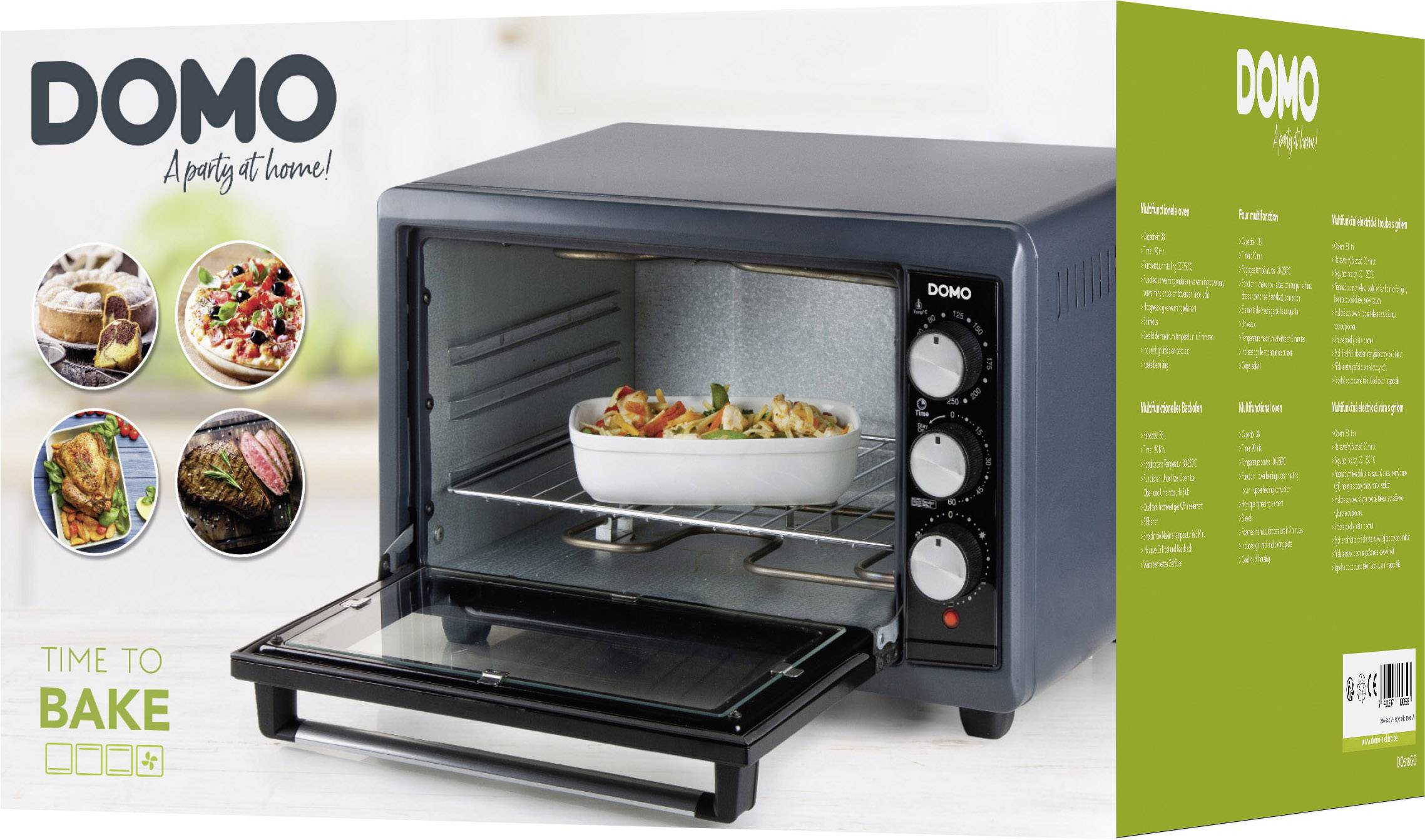 Un four électrique de Domo avec la porte ouverte, contenant un plat à gratin avec des légumes. À gauche, des informations et des images, à droite une recette.