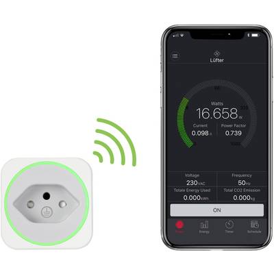 Prise intelligente avec anneau vert qui envoie des données à un smartphone. L'application affiche la consommation électrique en watts, la tension et les émissions de CO2.