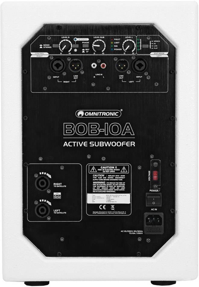 Dos d'un caisson de basses actif avec l'étiquette 'OMNITRONIC BOB-10A'. Montre les connexions, les réglages et l'interrupteur d'alimentation.